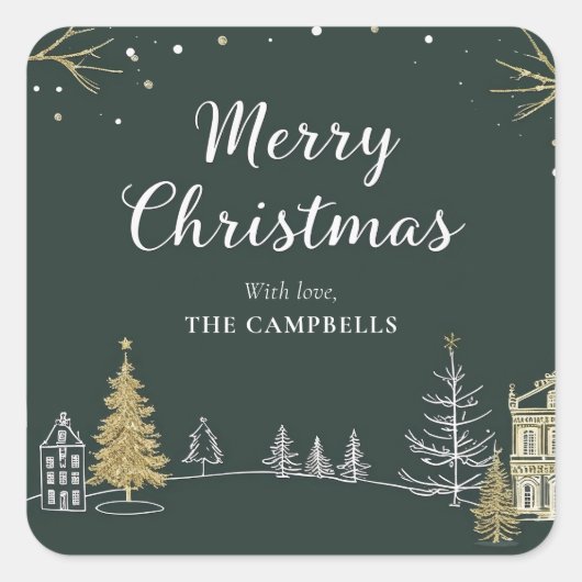 Kerstlandschap Vakantie Vierkante Sticker (Voorkant)