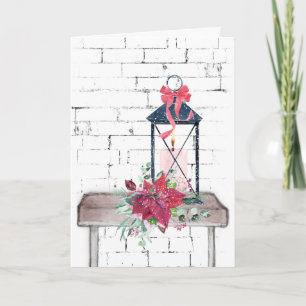 Kerstlantaarn en Poinsettia Boeket Feestdagen Kaart