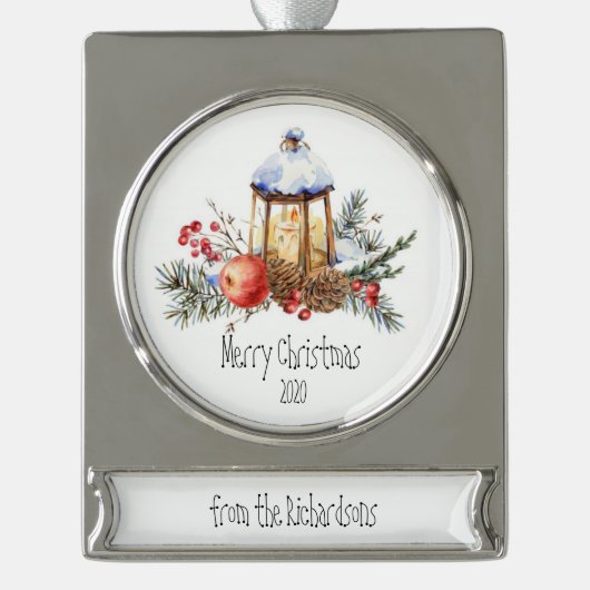 Kerstlantaarn Holly Pine Apple op maat Verzilverd Banner Ornament (Voorkant)