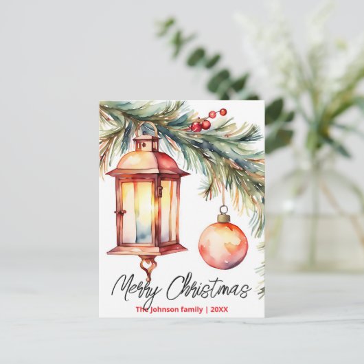 Kerstlantaarn Pine Branch en Holly Berries Feestdagenkaart (Staand voorkant)