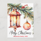 Kerstlantaarn Pine Branch en Holly Berries Feestdagenkaart (Voorkant)