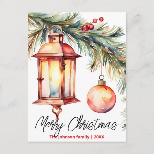 Kerstlantaarn Pine Branch en Holly Berries Feestdagenkaart (Voorkant)