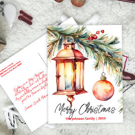 Kerstlantaarn Pine Branch en Holly Berries Feestdagenkaart