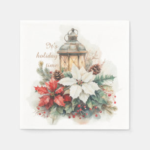 Kerstlantaarn Poinsettia Hulst Dennenkegels Servet