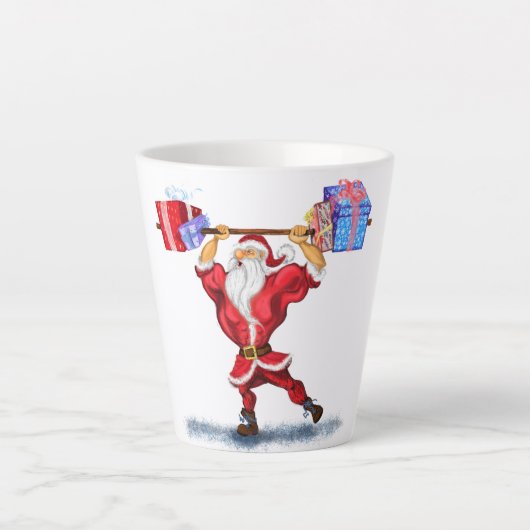 Kerstlatte Mok Bodybuilder Santa met cadeaus (Voorkant)