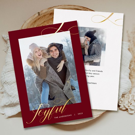 Kerstlegant script Joyful Photo Gold Folie Feestdagenkaart