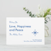 Kerstlegant Script Peace Love Blue Snowflake Feestdagenkaart (Staand voorkant)