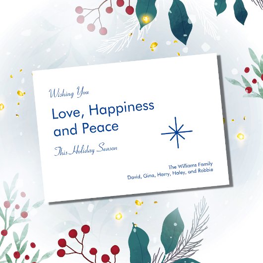 Kerstlegant Script Peace Love Blue Snowflake Feestdagenkaart