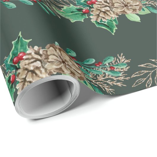 Kerstlegant Striped Holly Berry Pine Foliage Cadeaupapier (Rol Hoek)