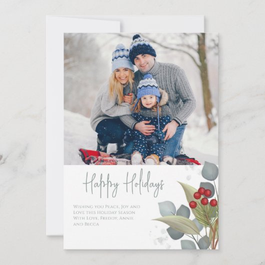 Kerstlegant Winter Holly Berries 2 Foto Feestdagenkaart (Voorkant)