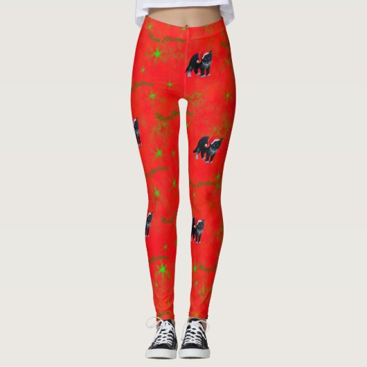 KerstLeggings Zwart-wit Kat op rood Leggings (Voorkant)
