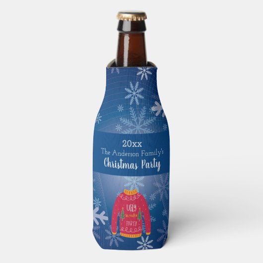 Kerstlelijke zweet rode blauwe sneeuwvlokken, naam flesjeskoeler (Fles Voorkant)