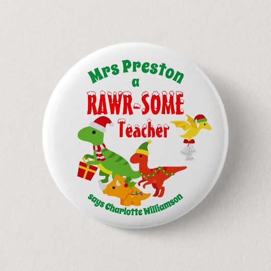 kerstleraar appreciatie Kinderen Dinosaur White Ronde Button 5,7 Cm (Voorkant)