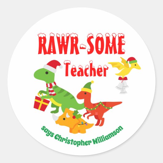 kerstleraar appreciatie Kinderen Dinosaur White Ronde Sticker (Voorkant)