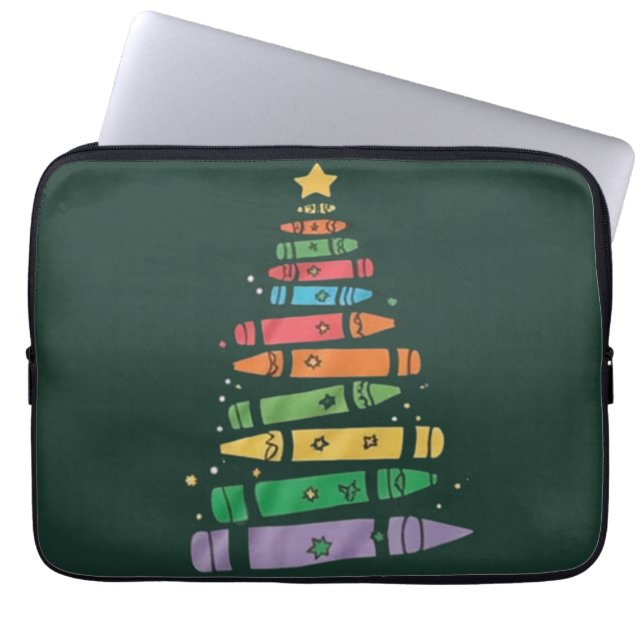 Kerstleraar Crayon Tree Schattigee kerstverlichtin Laptop Sleeve (Voorkant)