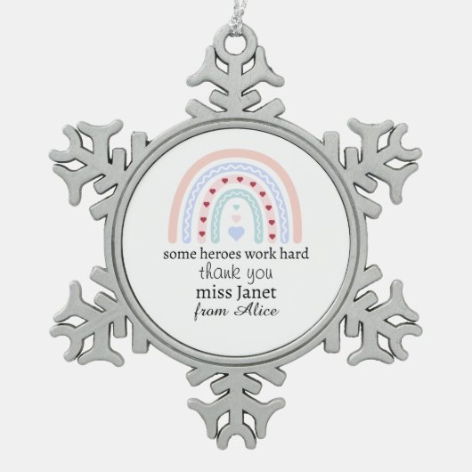 Kerstleraar Dank u gepersonaliseerde Hero Gift Tin Sneeuwvlok Ornament (Voorkant)