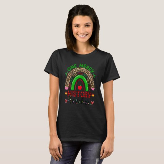Kerstleraar Leopard Rainbow One Merry Histor T-shirt (Voorkant volledig)