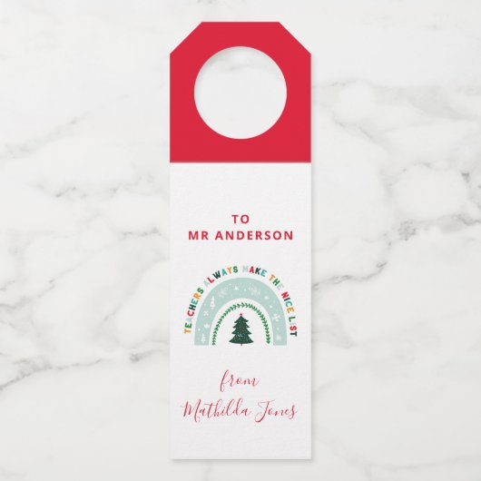 Kerstleraar regenboog leuk cadeau flessenhanger (Voorkant)