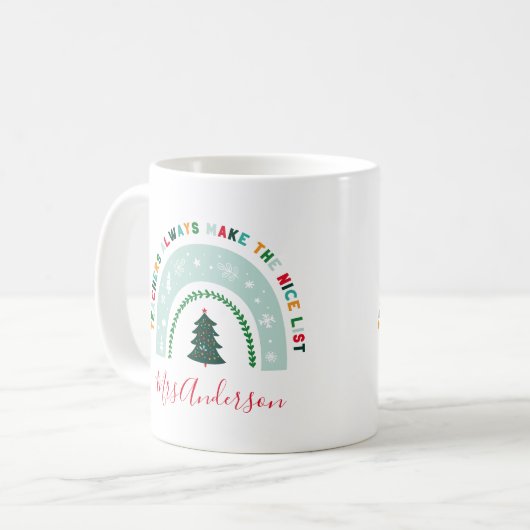 Kerstleraar regenboog leuk cadeau koffiemok (Voorkant links)