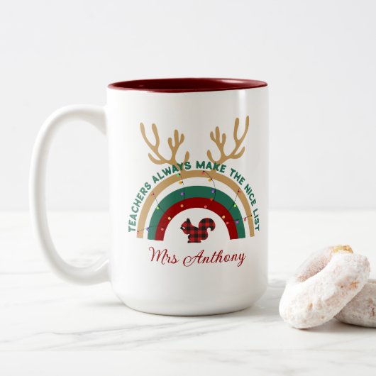 Kerstleraar regenboog leuk cadeau tweekleurige koffiemok (Met donut)