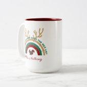 Kerstleraar regenboog leuk cadeau tweekleurige koffiemok (Voorkant links)