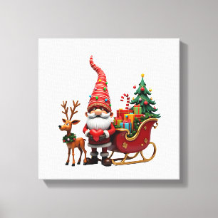 Kerstlicht Gnome Kerstman Sleigh Rijden Hoog Canvas Afdruk