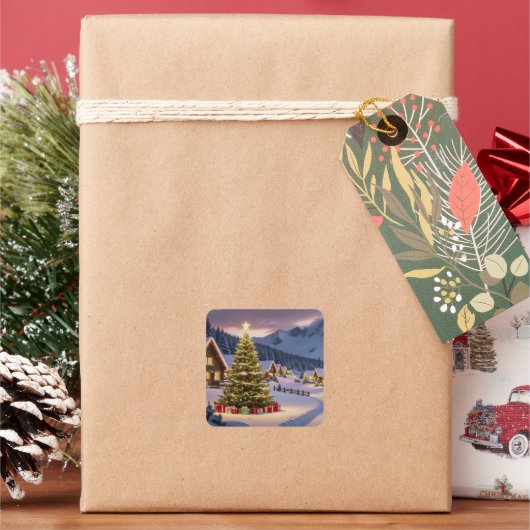 Kerstlicht landschap met sneeuw vierkante sticker (Feestdagen)
