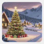 Kerstlicht landschap met sneeuw vierkante sticker (Voorkant)