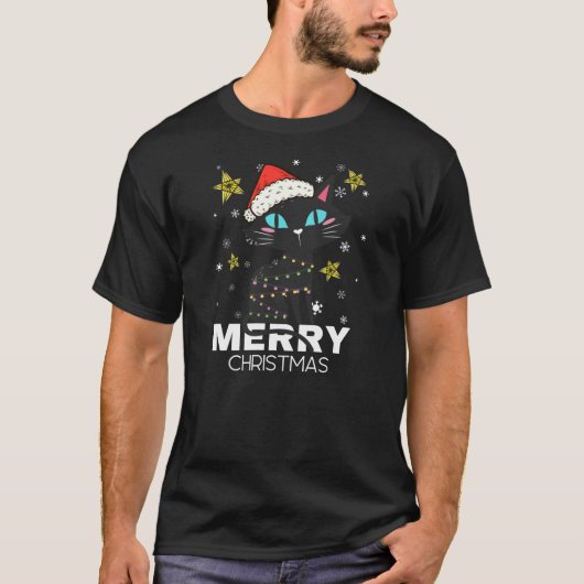 Kerstlicht met zwarte kat/kat met kerstmis t-shirt (Voorkant)