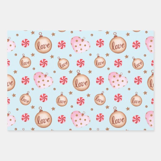 Kerstlichtblauw roze hartversiering met liefde inpakpapier vel (Voorkant 3)