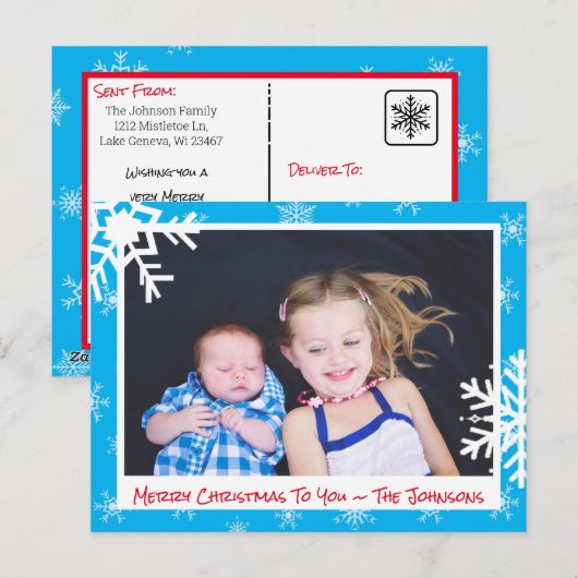 Kerstlichtblauw Snowflakes familiekaart Briefkaart (Voorkant / Achterkant)