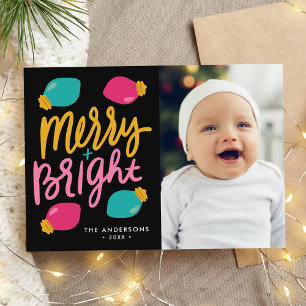 Kerstlichten Foto met Merry and Bright Feestdagenkaart