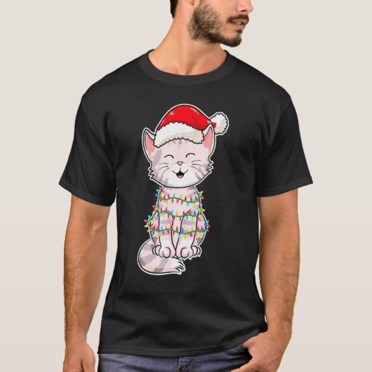 Kerstlichten Kat Draagt Kerstmuts Schattige Kat T-shirt (Voorkant)