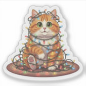 Kerstlichten Kat — Grappige Verwarde Kat Kerstmis Sticker (Voorkant)