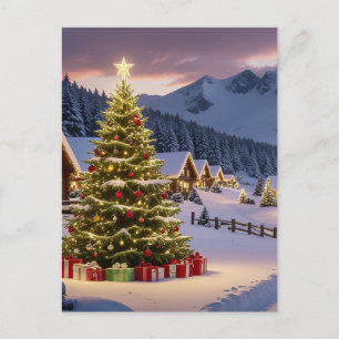 Kerstlichten landschap met sneeuw briefkaart