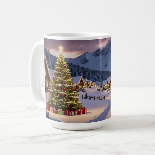 Kerstlichten landschap met sneeuw koffiemok (Voorkant links)