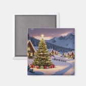 Kerstlichten landschap met sneeuw magneet (Voorkant / Achterkant)