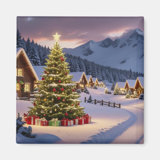 Kerstlichten landschap met sneeuw magneet (Voorkant)