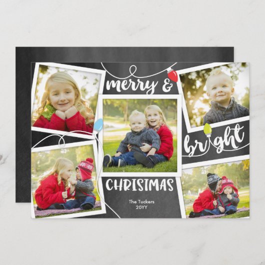 Kerstlichten op 6-fotocollage Chalkboard Feestdagenkaart (Voorkant / Achterkant)