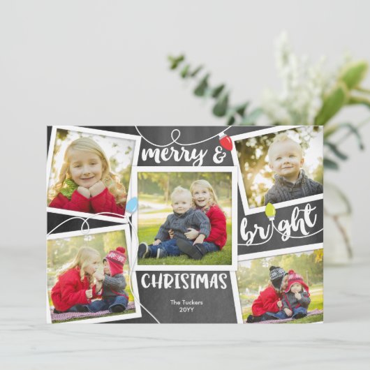Kerstlichten op 6-fotocollage Chalkboard Feestdagenkaart (Staand voorkant)