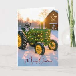 Kerstlichten op een groene vintage landbouwtractor feestdagen kaart