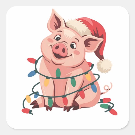 Kerstlichten Varken met Kerstmuts - Varken Liefheb Vierkante Sticker (Voorkant)
