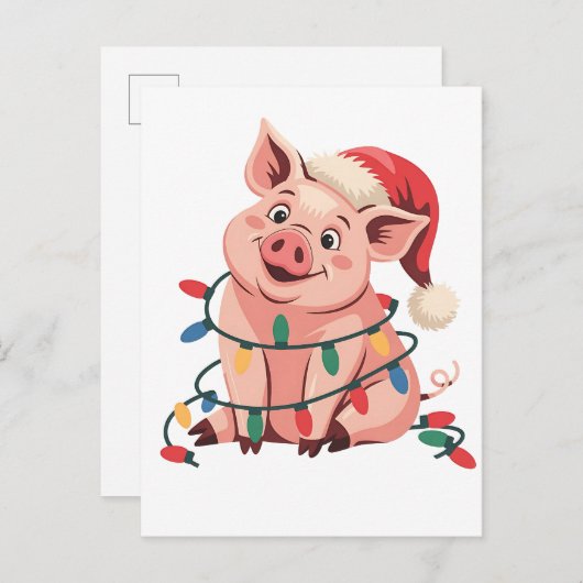 Kerstlichten Varken met Kerstmuts - Varkensliefheb Aankondigingskaart (Voorkant / Achterkant)
