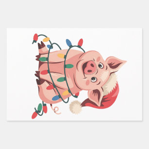 Kerstlichten Varken met Kerstmuts - Varkensliefheb Inpakpapier Vel