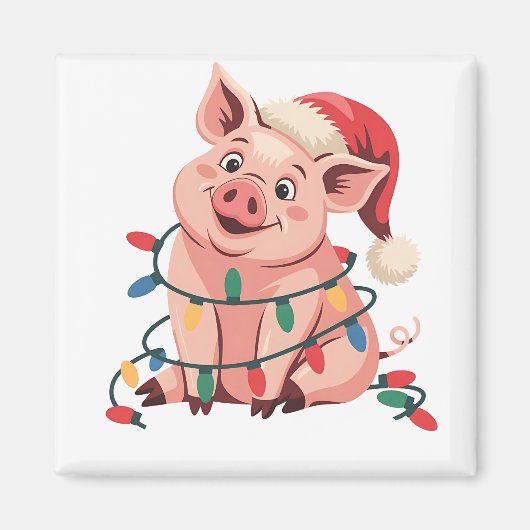 Kerstlichten Varken met Kerstmuts - Varkensliefheb Magneet (Voorkant)