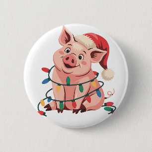 Kerstlichten Varken met Kerstmuts - Varkensliefheb Ronde Button 5,7 Cm