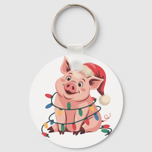 Kerstlichten Varken met Kerstmuts - Varkensliefheb Sleutelhanger (Voorkant)