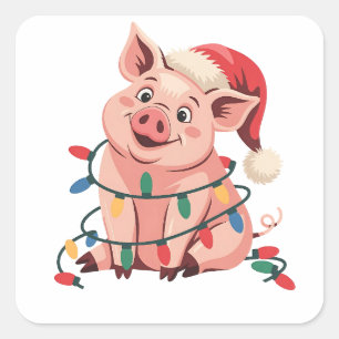 Kerstlichten Varken met Kerstmuts - Varkensliefheb Vierkante Sticker
