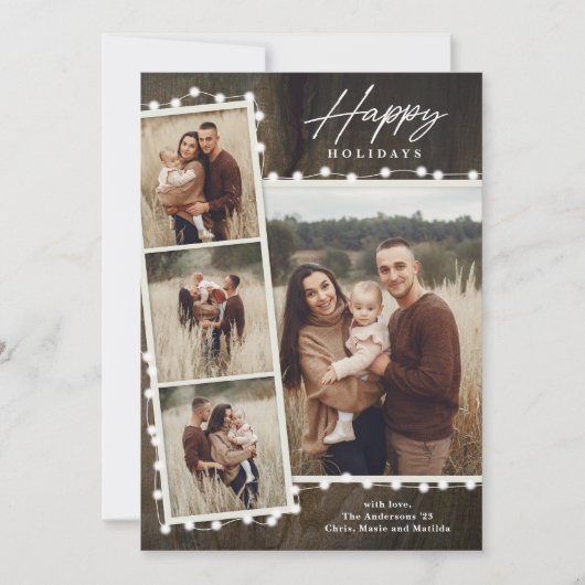 Kerstlichtjes 4 Foto Collage op Rustieke Wijze Feestdagenkaart (Voorkant)