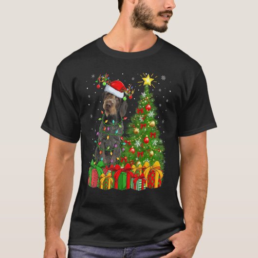 Kerstlichtjes Duitse Draadharige Pointer Hond Kers T-shirt (Voorkant)